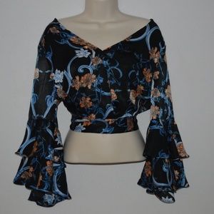 Jealous Tomato black floral ruffle-sleeve crop top